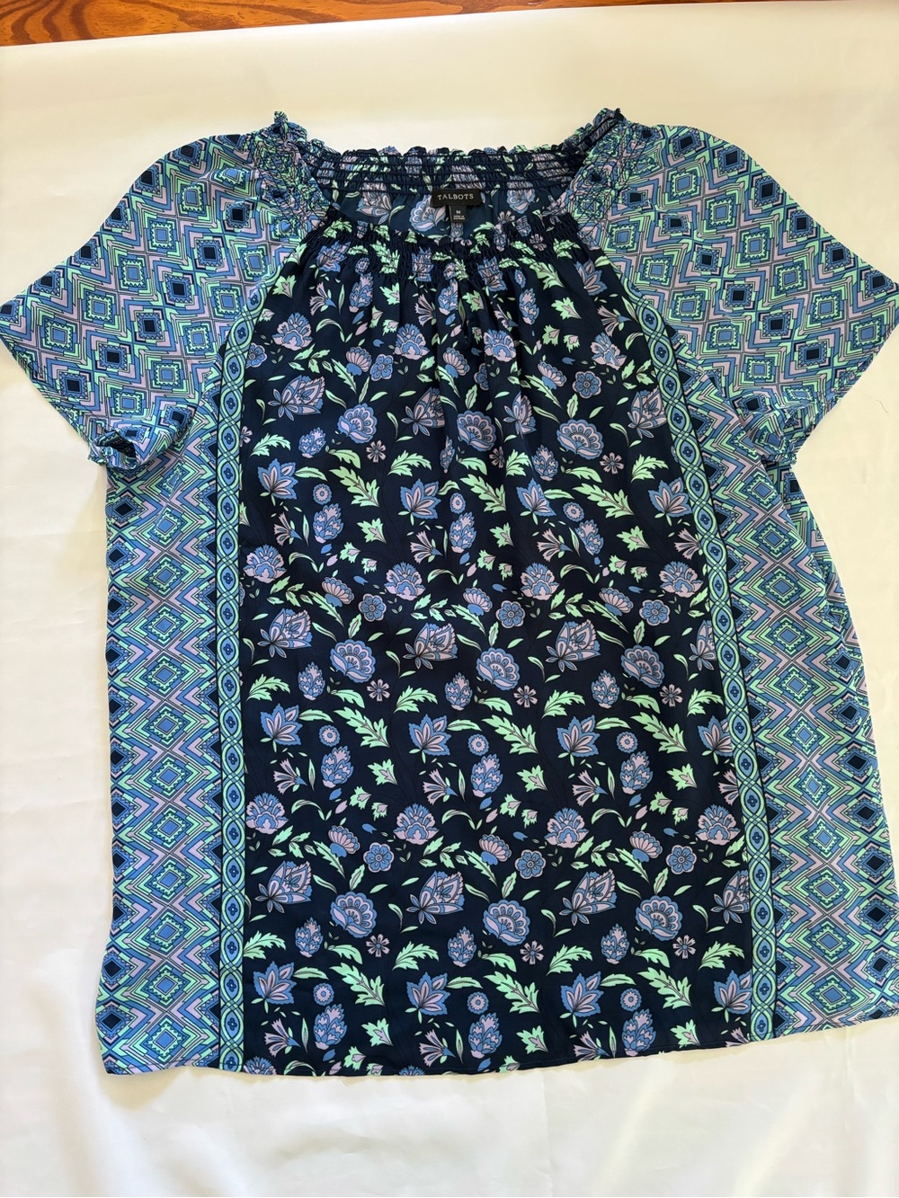 Talbots Navy Mix-Print Short Sleeve Peasant Top
